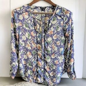 Lucky Brand XS Boho Pheasant Purple Floral Long Sleeve Keyhole Tie V-Neck Blouse